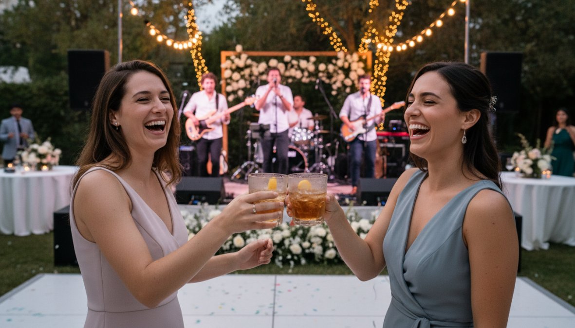 An elegant wedding cocktail hour with a small jazz quartet playing acoustic instruments in a warmly lit venue, guests mingling with drinks in hand near tall floral arrangements