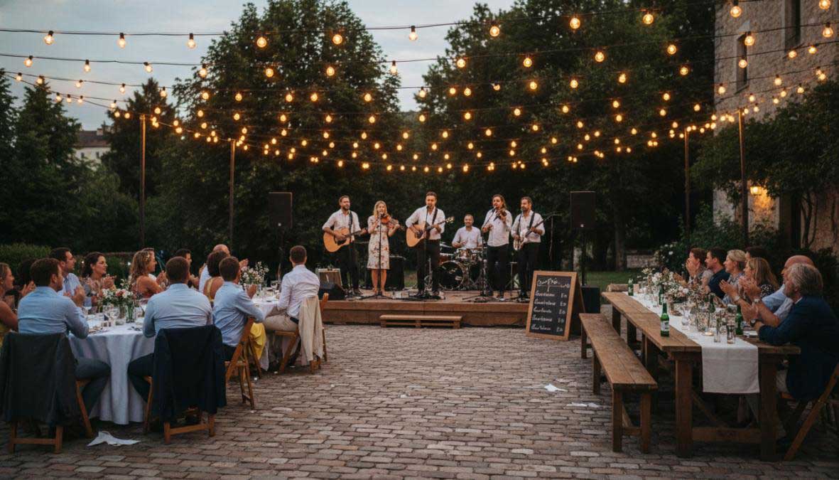 A live wedding band performing on a warmly lit reception stage decorated with string lights and white floral arrangements, musicians playing guitar, keyboards, and brass instruments while formally dressed guests dance and celebrate in the foreground