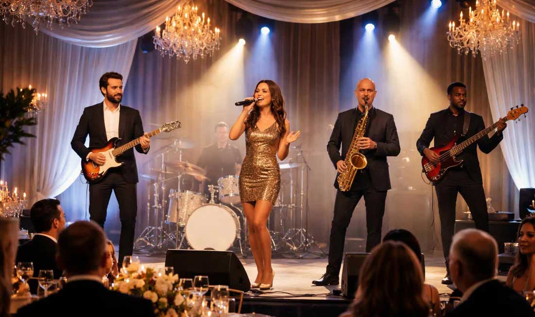 A 5-piece live corporate event band performing at an elegant corporate gala ballroom.