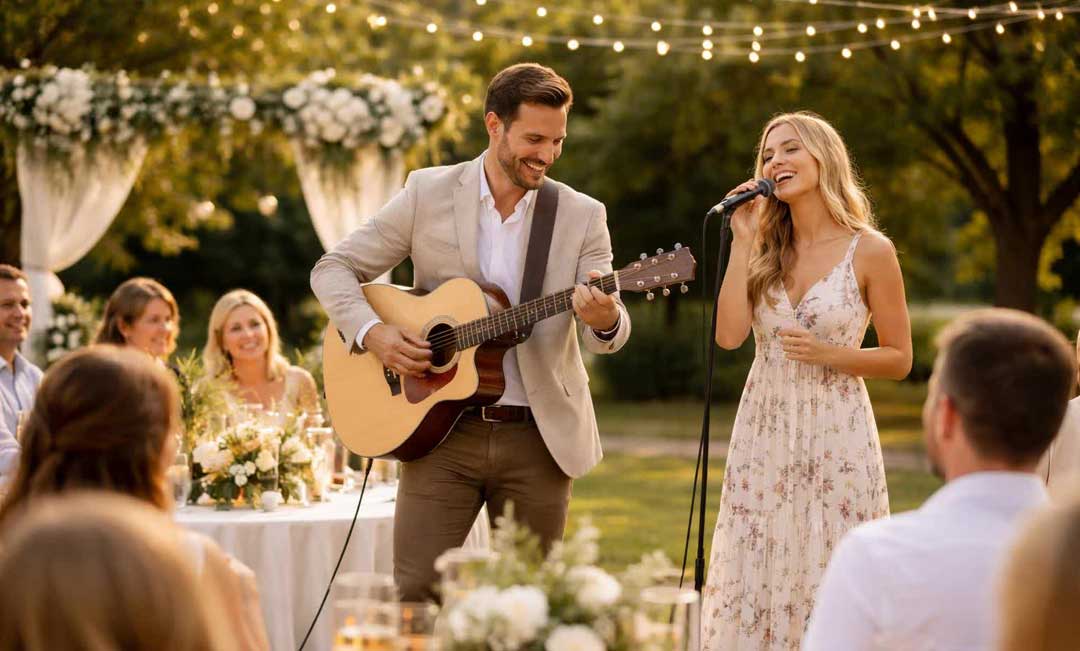 An Acoustic Duo Performs at an Outdoor Wedding Reception