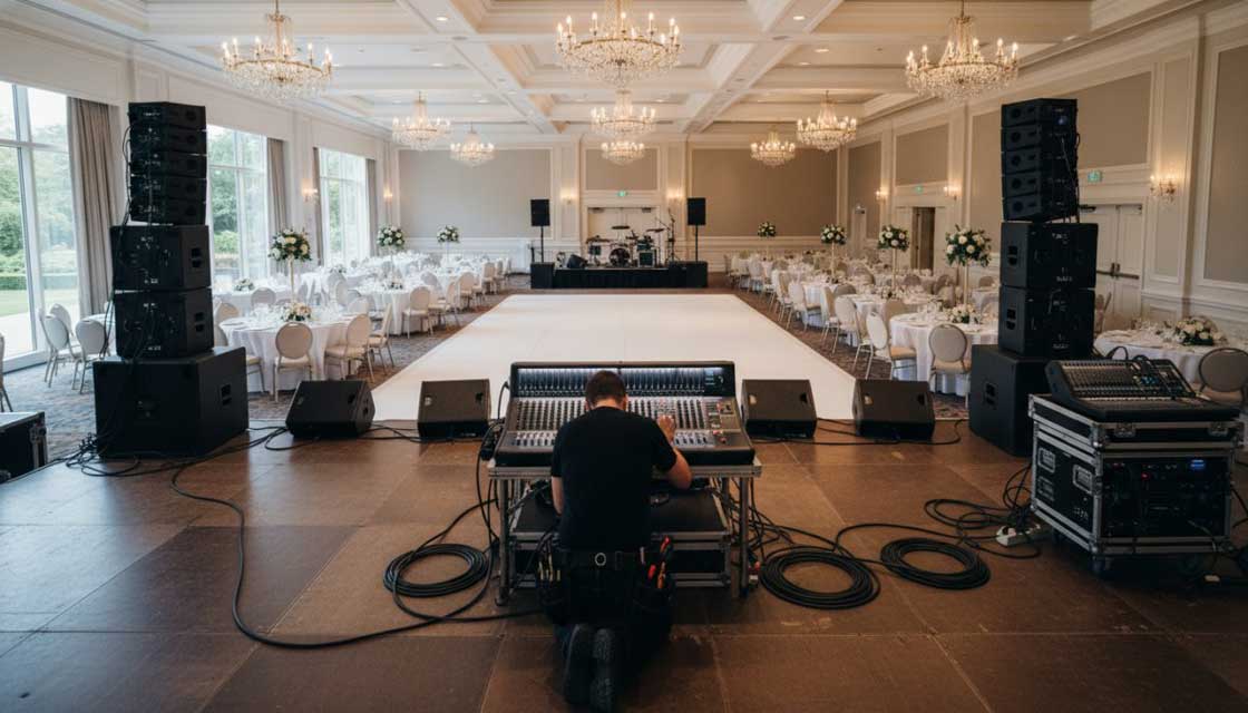 Professional Audio Technician Configuring a Mixing Board and Speaker Stack