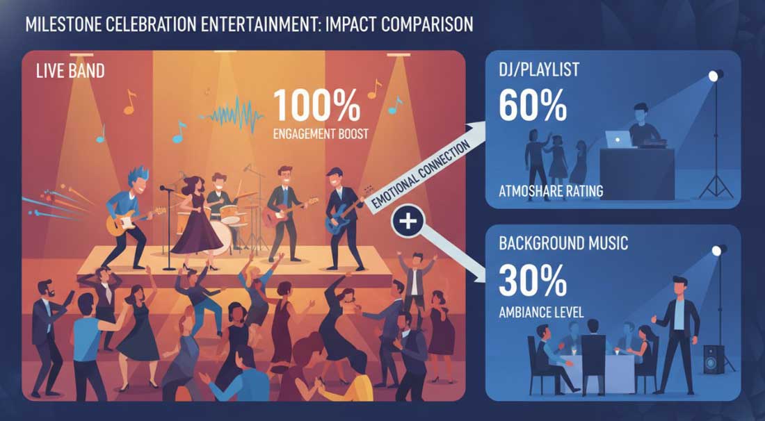 Comparing live band entertainment, a DJ, and soft background music for a milestone celebration