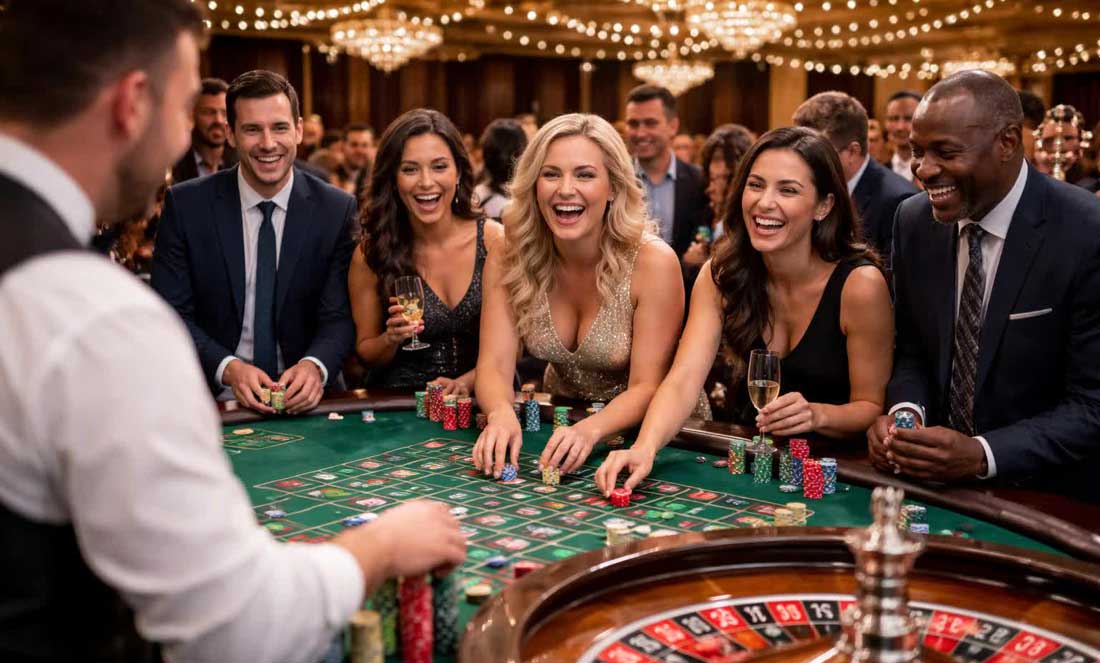 A group of guests at a corporate event casino night have fun playing roulette.