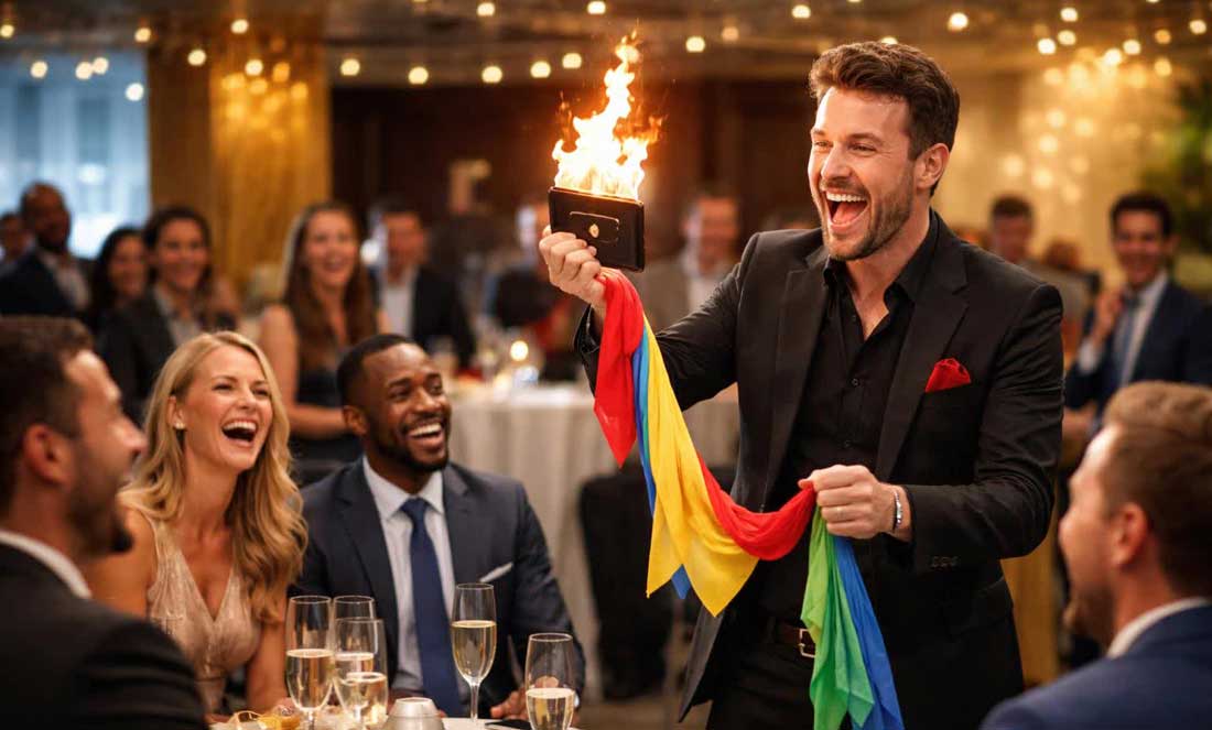 A corporate comedian performs hilarious close-up magic while guests are entertained at their tables.