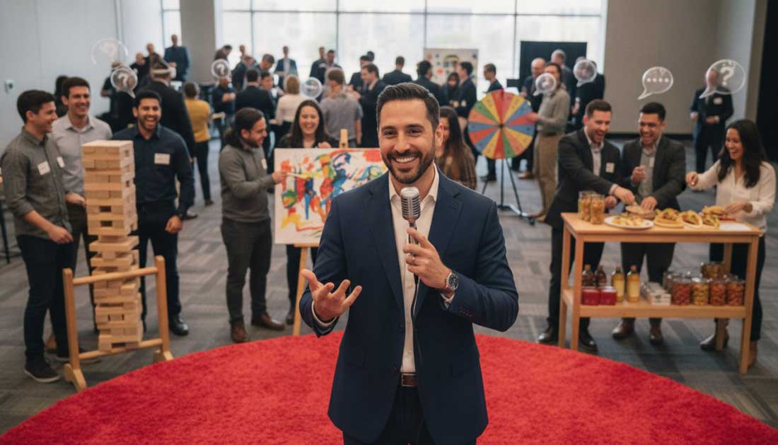 A group of corporate employees in business casual attire laughing and competing in an interactive game show activity at a company event, a host in the foreground holding a wireless microphone and gesturing toward a bright display screen.