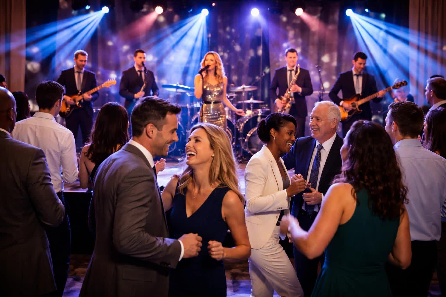 A corporate dance band performs at a holiday party. A female vocalist fronts the band on a stage with electronic lighting.
