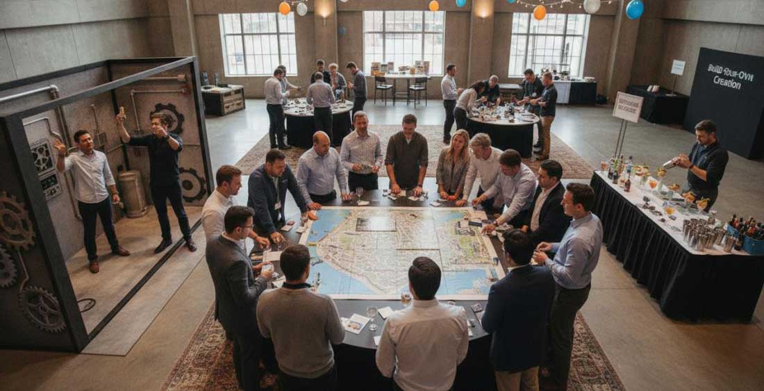 Guests bond while participating in a team building activity at a corporate party.