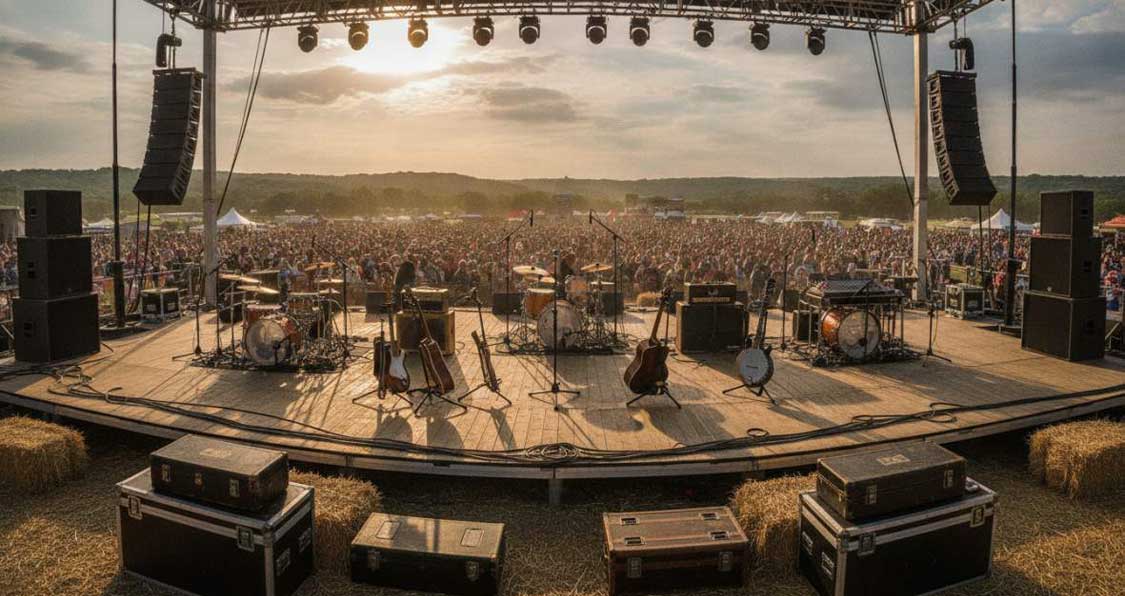 A festival stage ready to go with sound equipment and other production items for a country band