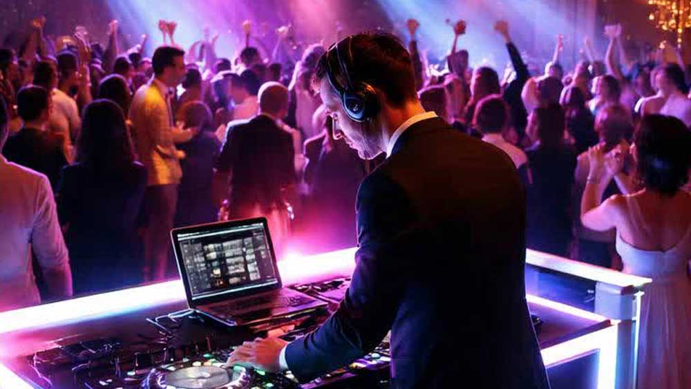 A DJ playing dance music that's keeping the crowd happy and the dance floor packed.
