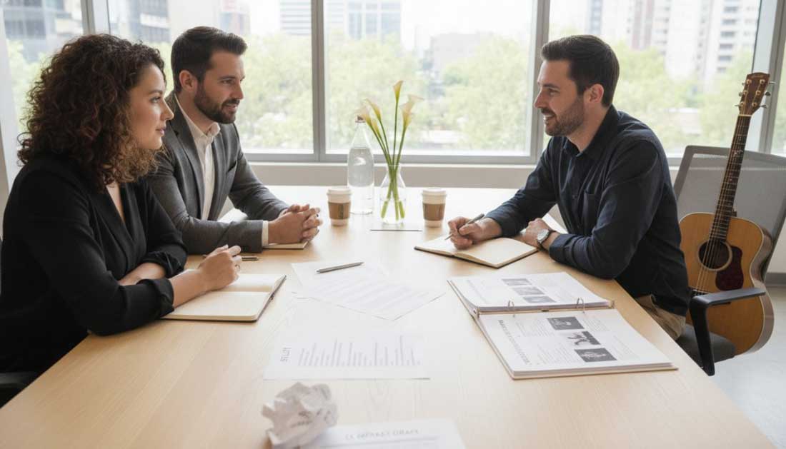 A wedding couple and an event planner sit across a table from a band representative in a meeting room, reviewing printed setlists and a performance contract.