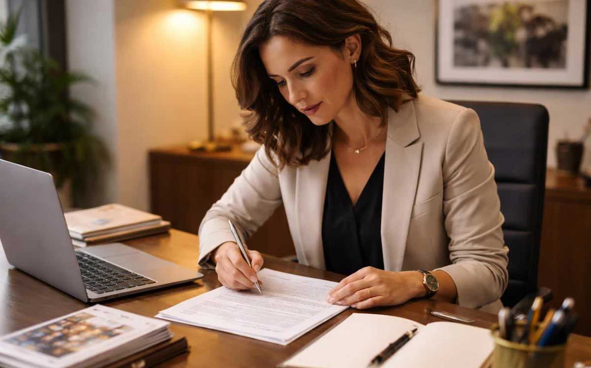 An event planner in a professional office setting reviewing printed contract documents at a desk with a laptop, notepad, and pen under warm overhead lighting, making notes in the margin.