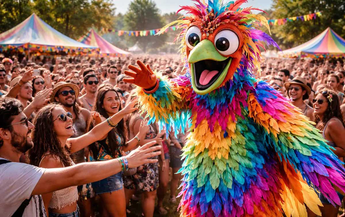 A Family Friendly Performer in a Large Bird Costume Roams Through the Crowd