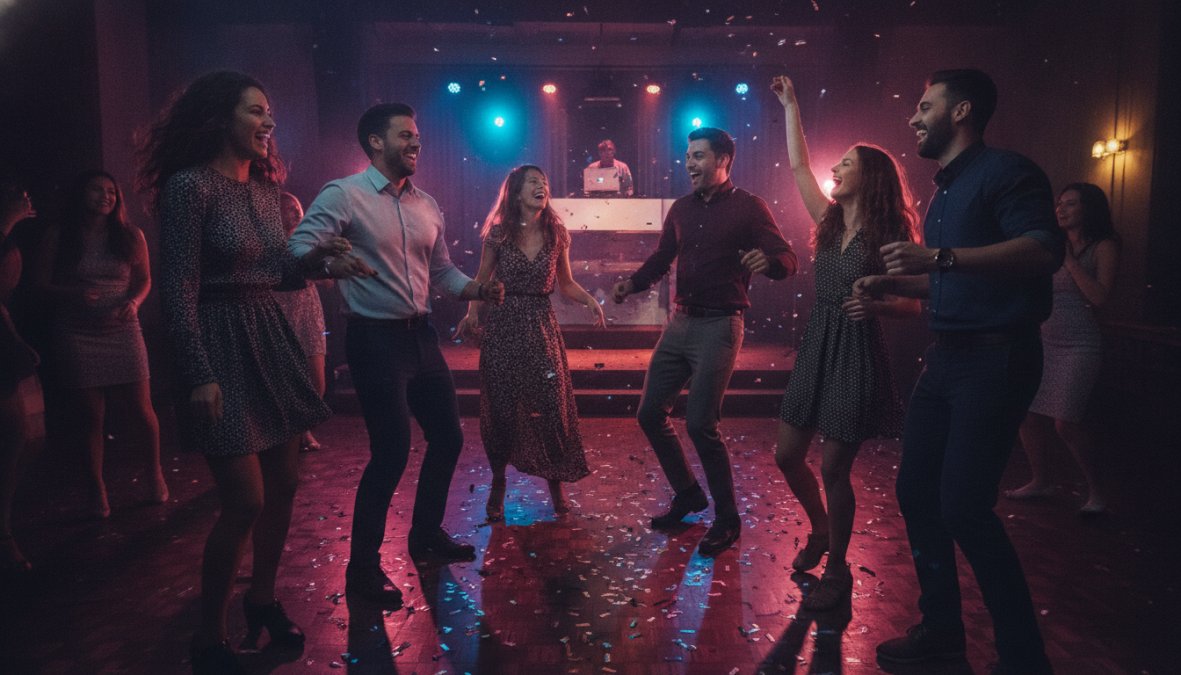 A group of friends laughing and dancing together at an indoor party