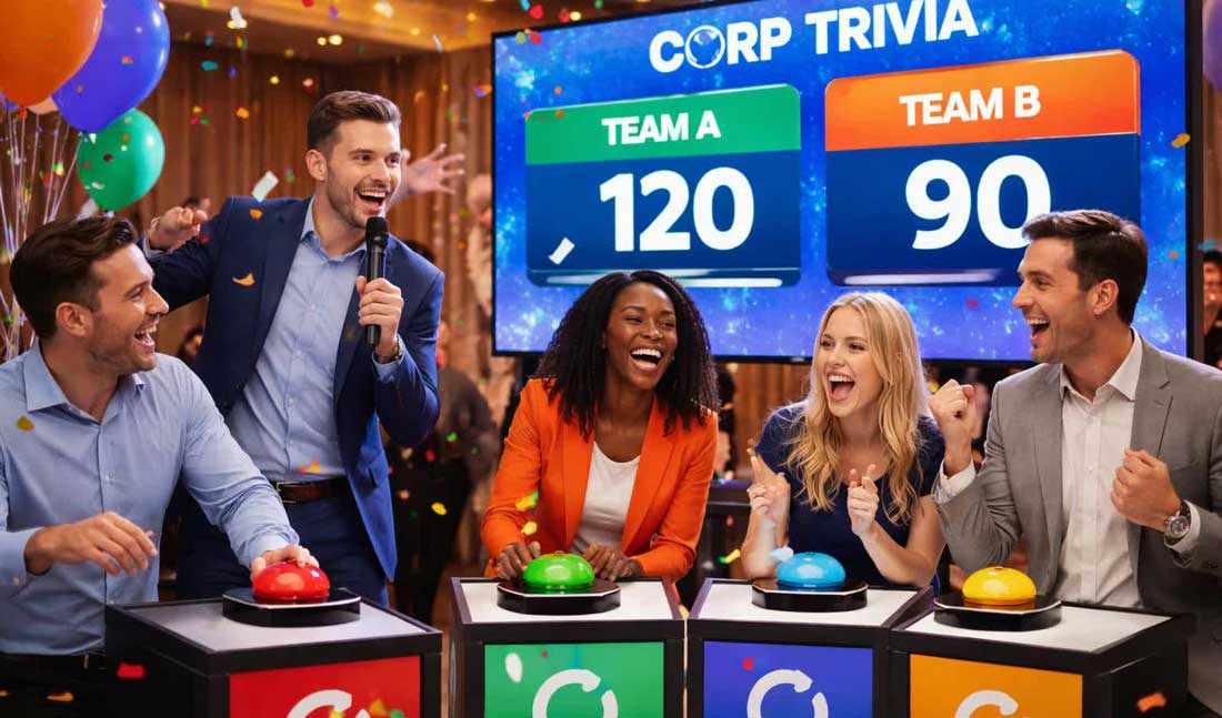 A diverse group of corporate employees laughing and raising their hands at a game show-style trivia competition, with a professional host, colorful overhead lighting, and a leaderboard screen visible in the background.