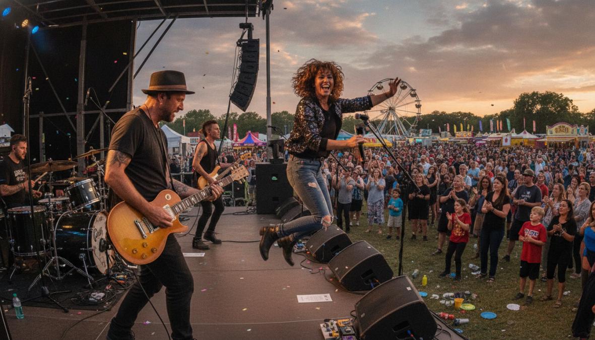 A High Energy Live Band Performs at a Community Event in Front of a Large Crowd