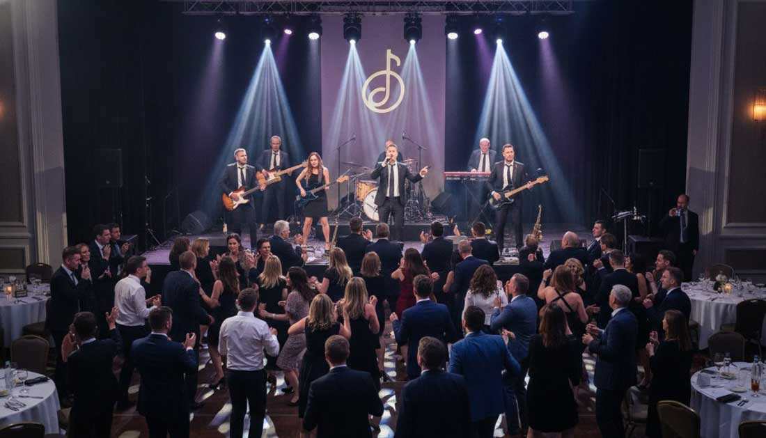 A high-energy live band performing on a well-lit stage at a corporate event ballroom, with a packed dance floor of professionally dressed guests dancing and raising their hands, warm stage lighting illuminating the performers.