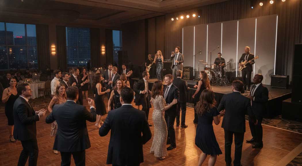 A high-energy live band performing on a well-lit stage at a corporate event, with a crowd of professionally dressed guests in business attire watching and dancing on the dance floor, warm stage lighting and a polished venue backdrop.