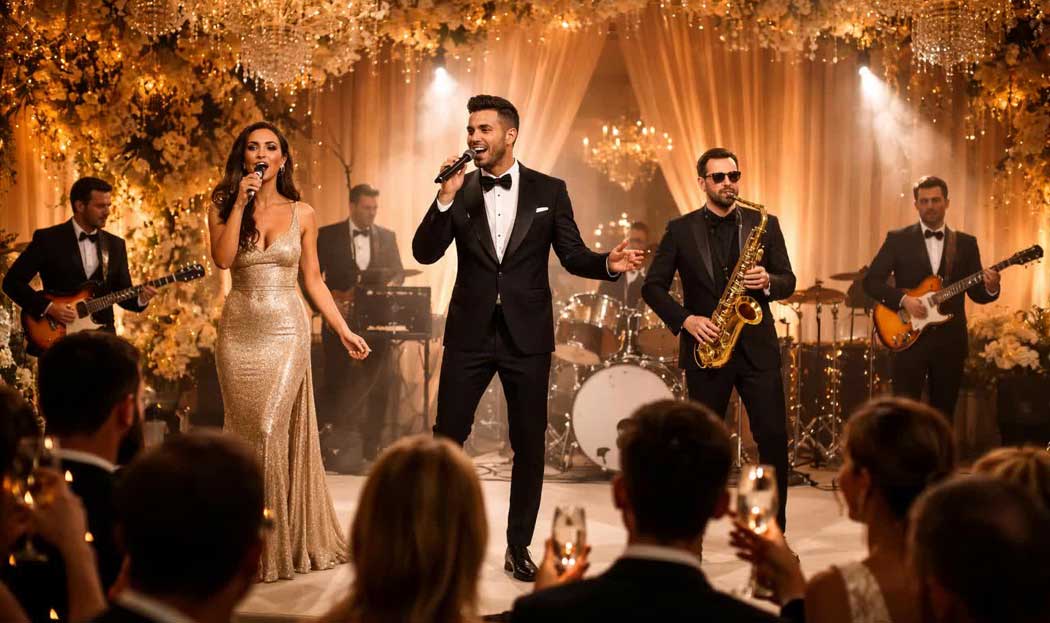 A high-energy live band performing on a lit stage at a packed wedding reception, with guests dancing on the dance floor, colorful uplighting illuminating the room, and the lead vocalist engaging the crowd at the microphone.