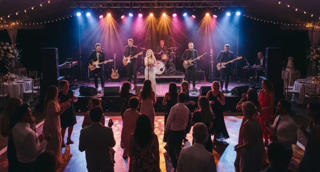 High Energy Live Wedding Band Performing on a Decorated Reception Stage