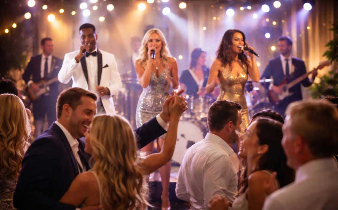 A high-energy live wedding band with a packed dance floor