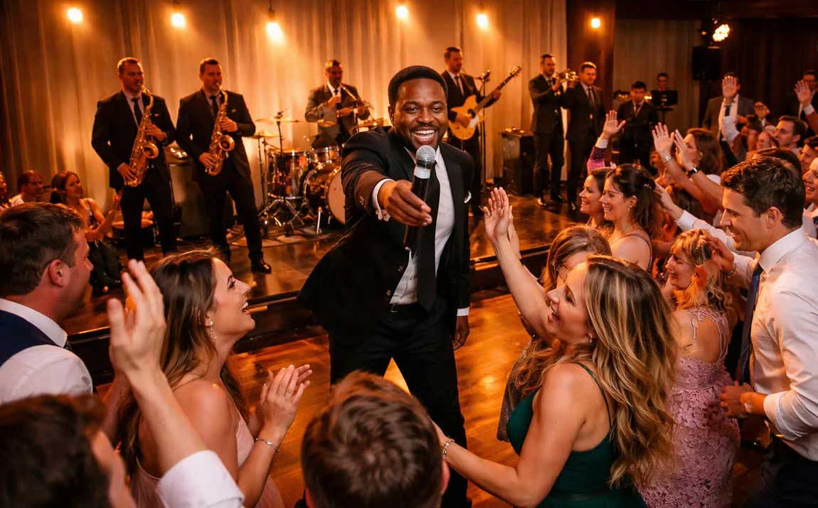 A High Energy Wedding Reception Band Performing on Stage While the Crowd Gets Excited