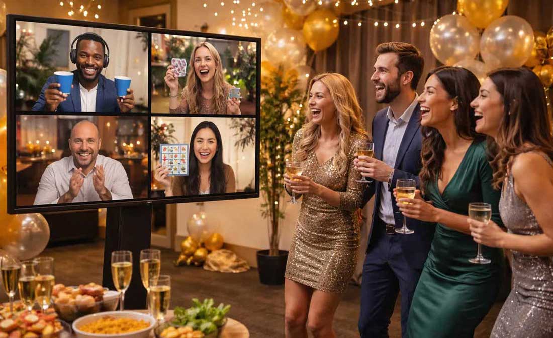 Remote employees interact with guests in attendance for a remote-hybrid activity at a corporate event.