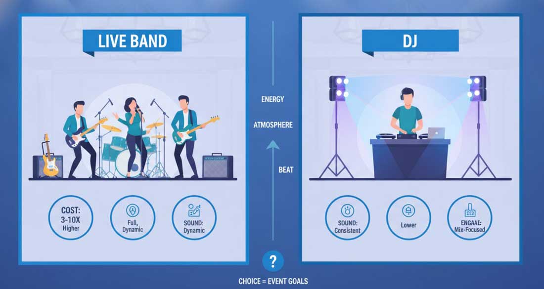 Split scene at a corporate event venue showing a live five-piece band with instruments and microphones on the left side of the stage and a DJ setup with turntables and LED lighting equipment on the right side, both under professional event lighting