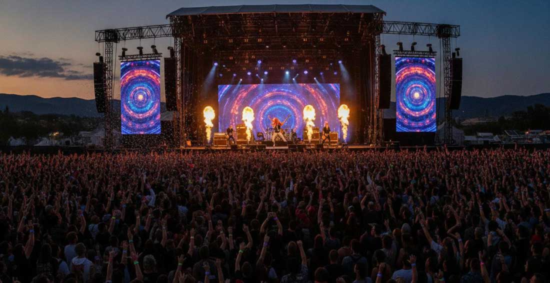A high-energy live band performing on an outdoor festival main stage