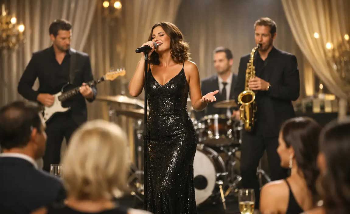 A live corporate band with a vocalist, guitarist, saxophonist, drummer performing for the corporate guests