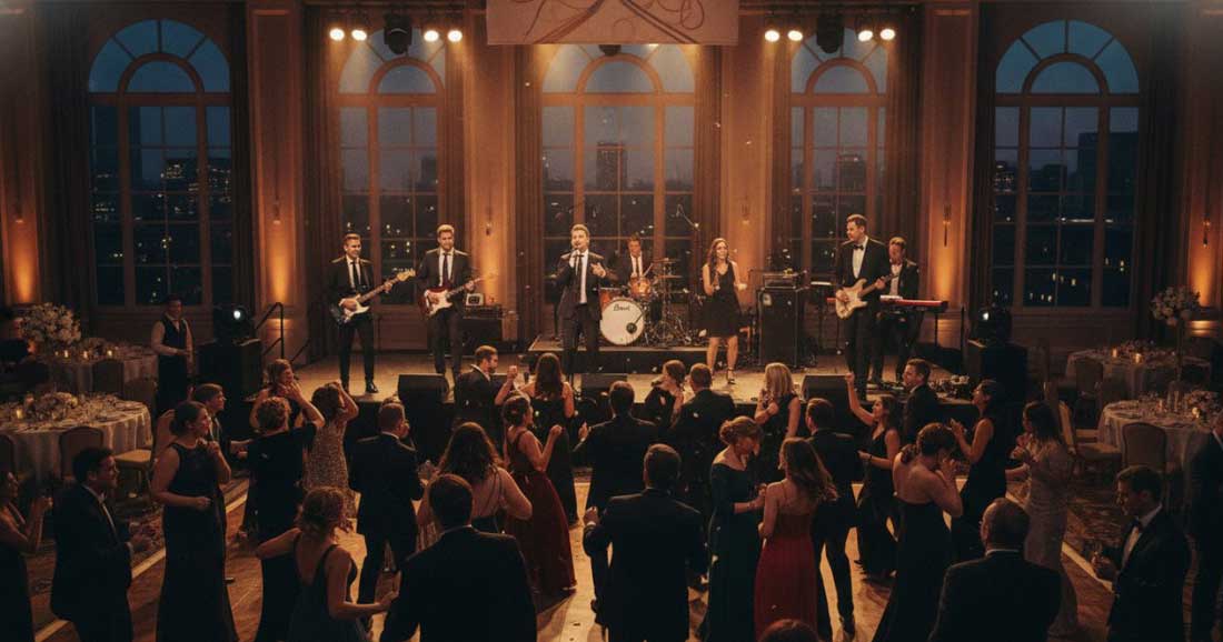 A Live Band is Performing with a Full Dance Floor