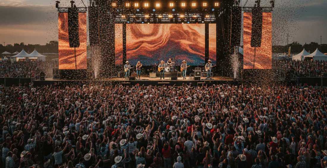 A live country band performing on an outdoor festival stage