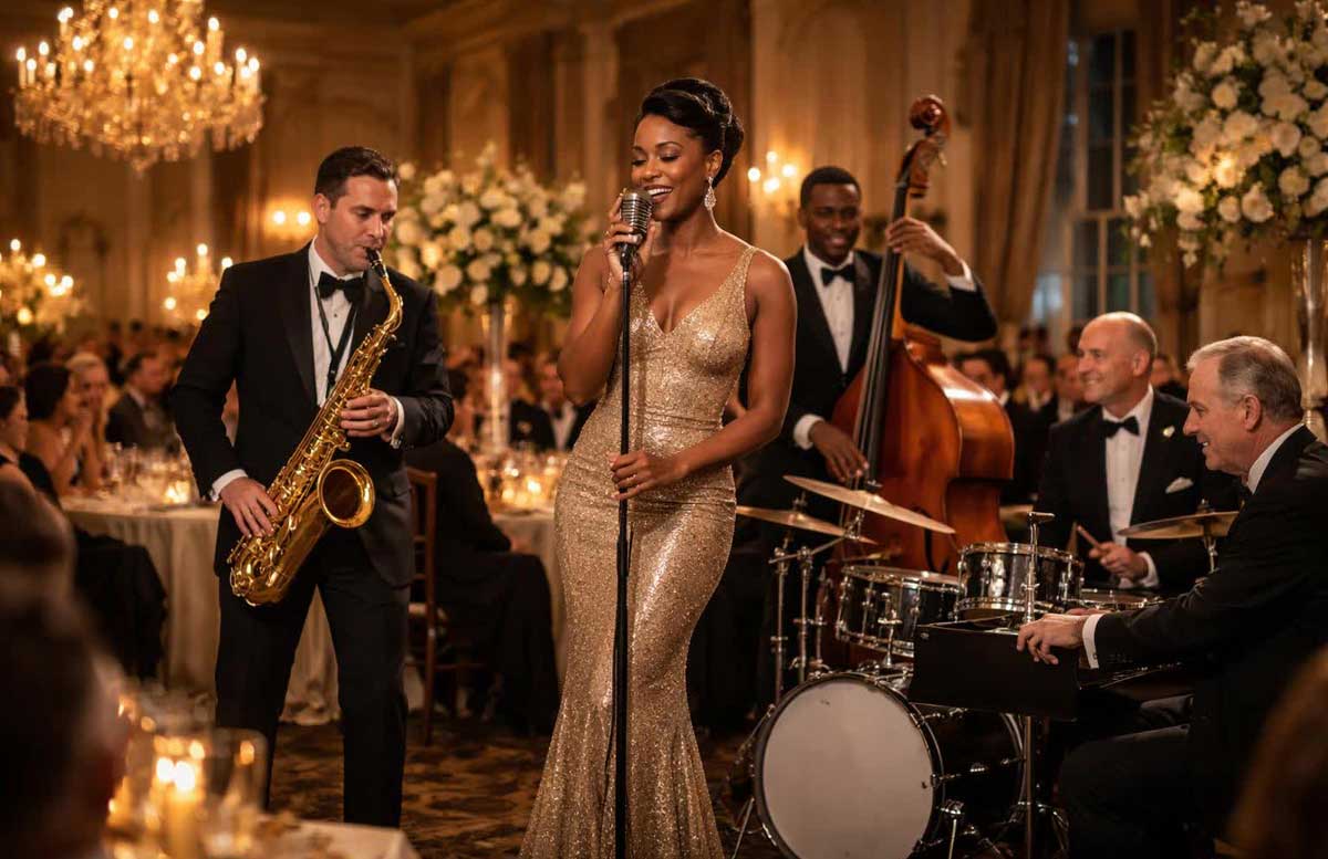 A live jazz band with a beautiful singer perform for a gala event.