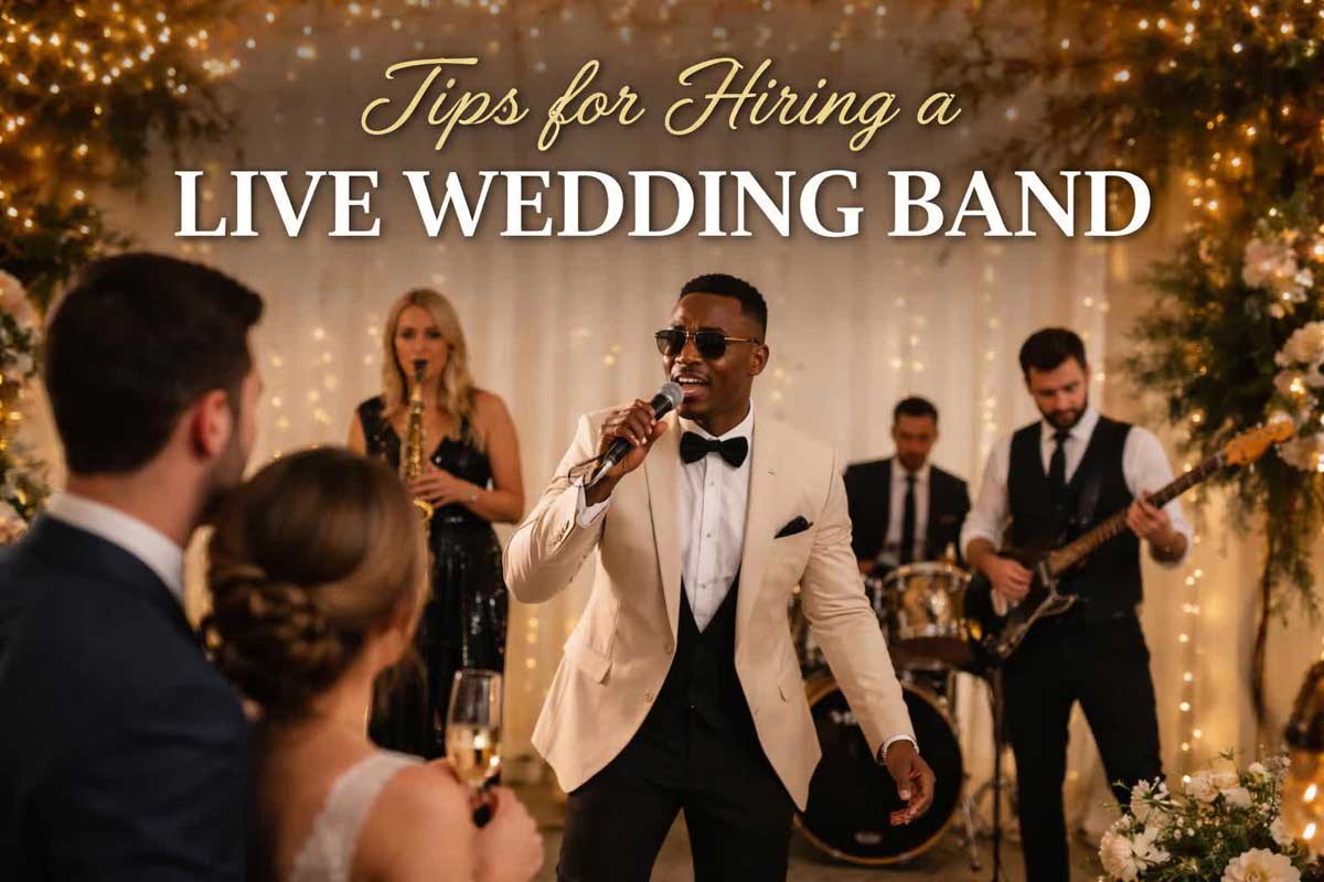 A wedding band performing on a decorated stage at an elegant indoor reception
