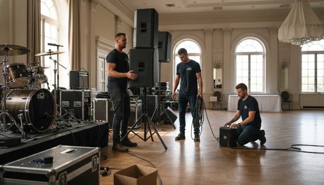 A live wedding band setting up equipment on a decorated indoor reception stage