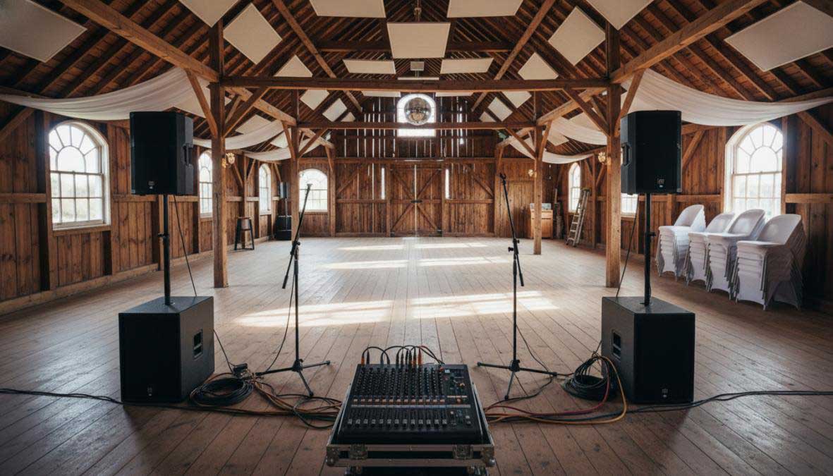 professional audio equipment and speakers set up at a wedding reception venue, with soft string lights and floral decorations visible in the background.
