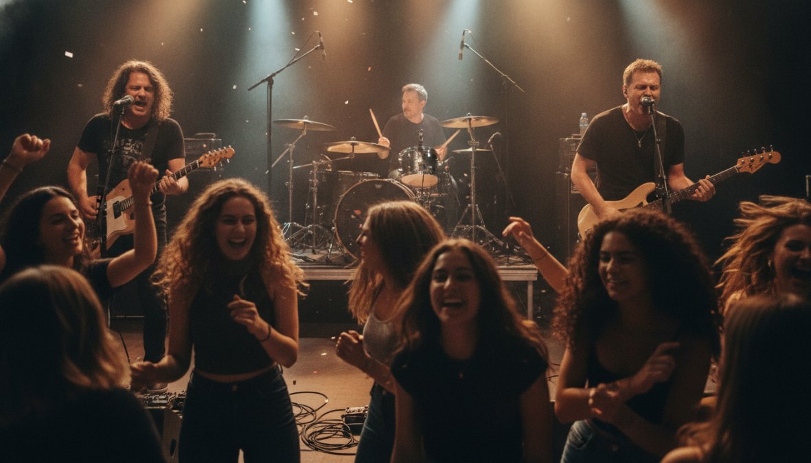 Professional live band performing on stage with an audience dancing
