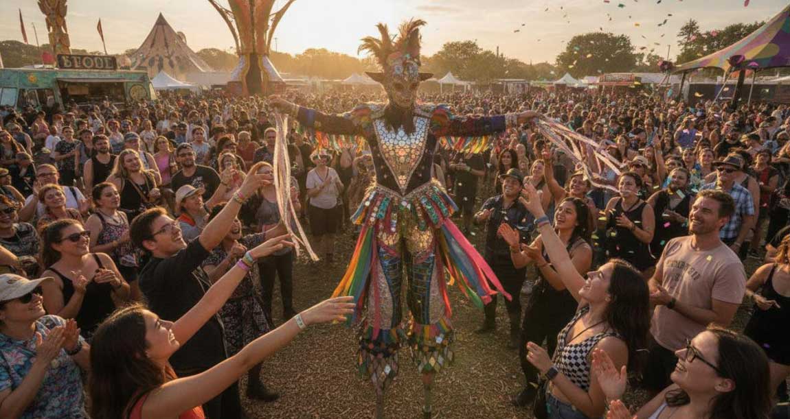 A Roaming Performer in Costume with Large Crowd at a Festival