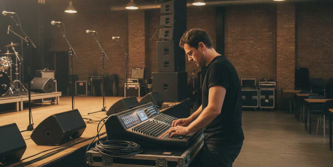 A sound engineer adjusting an audio mixing board at a live event venue, with microphone stands and speaker equipment visible on a stage in the background, warm stage lighting illuminating the equipment.
