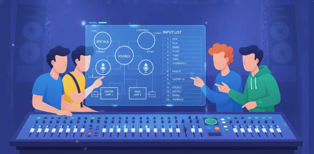 Sound Engineer and Band Members Reviewing a Stage Plot