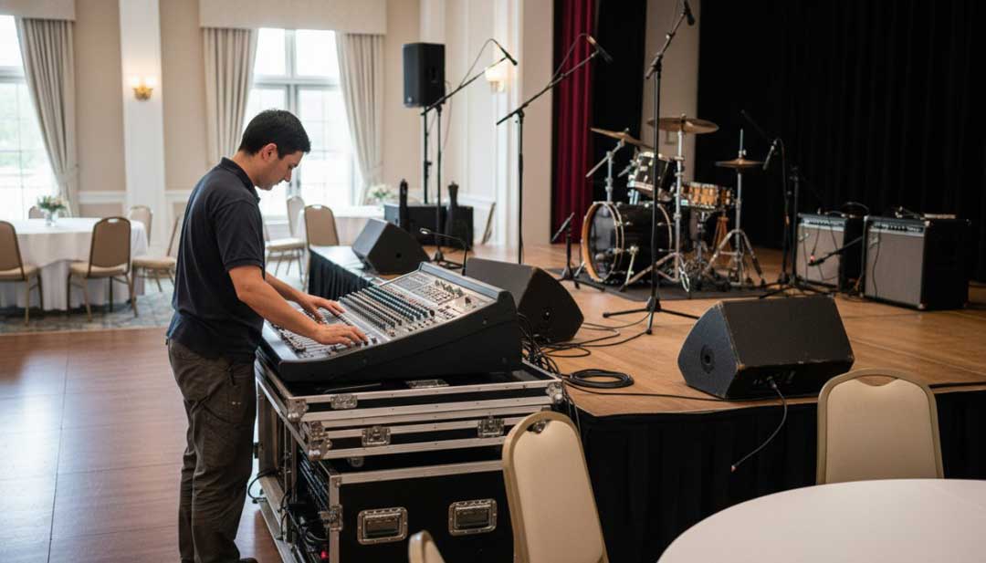 A sound technician in a black shirt adjusting a professional mixing board at a wedding venue