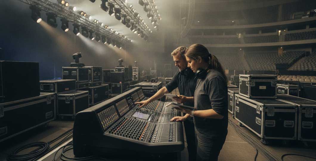 Stagehands and crew coordinating the load in