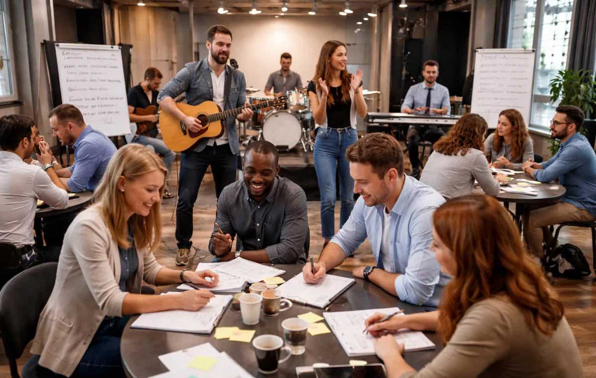 A teambuilding activity where guests write and perform songs they have created in separate groups with the help of professional musicians.