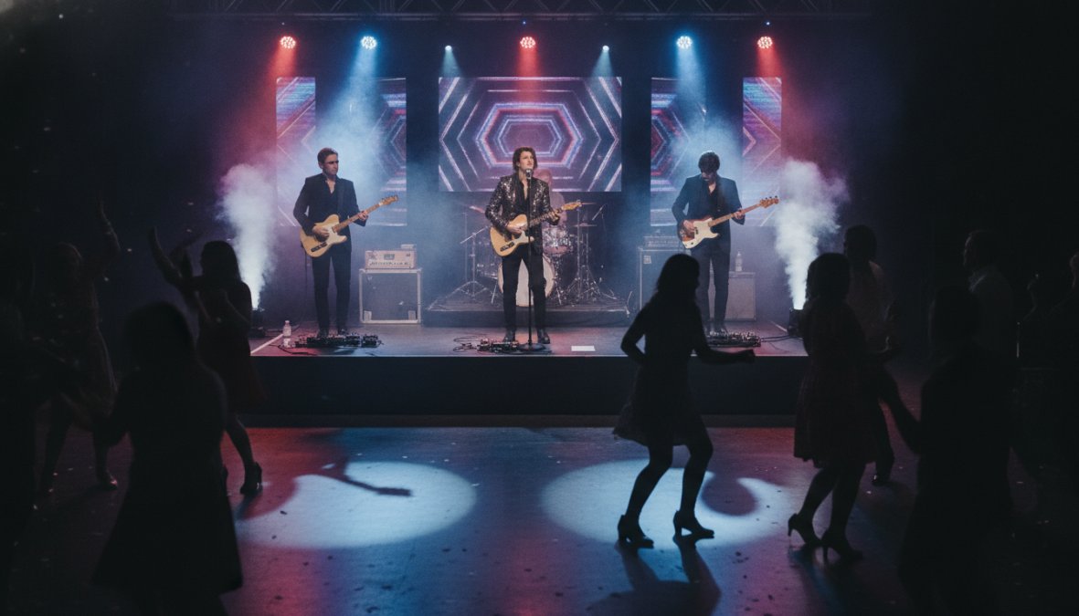 An upscale dance party band on stage with a crowd dancing