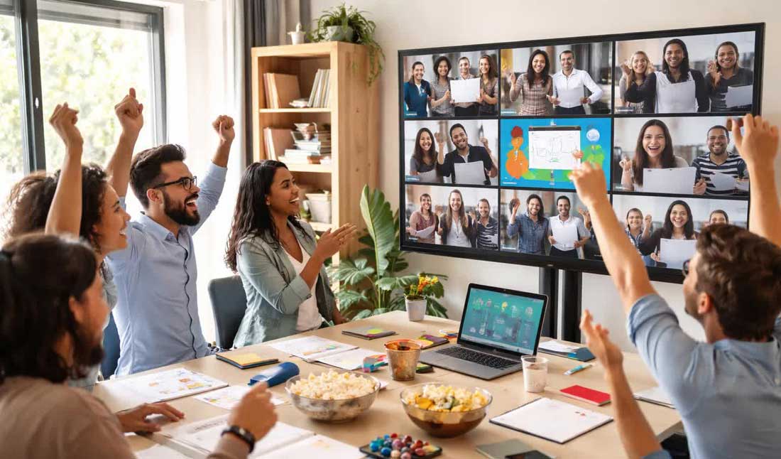 Virtual event games and activities where remote attendees participate with corporate guests in attendance.