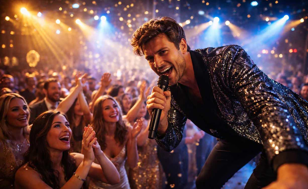Live band vocalist in a sequined jacket leaning toward a cheering crowd on a packed dance floor during a milestone celebration