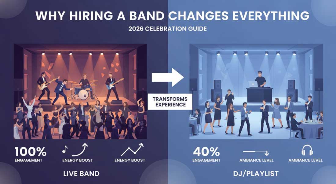 High-energy live band performing on stage at an elegant wedding reception, with a full dance floor of guests dancing