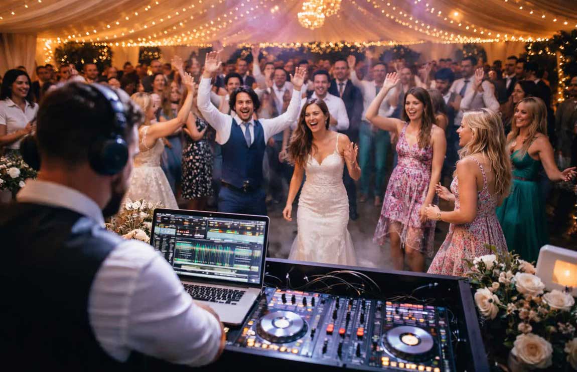 A Wedding DJ Plays High Energy Dance Music for a Wedding Crowd