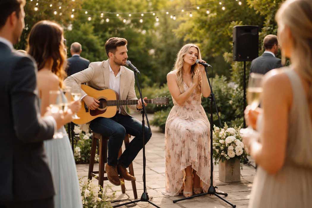 A small acoustic duo, one guitarist and one vocalist, performing at an elegant outdoor wedding cocktail hour on a stone patio, guests mingling nearby holding champagne glasses in soft afternoon sunlight