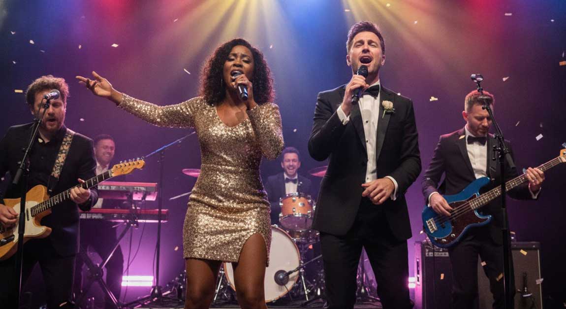 A 6-Piece Band Performing on a Small Stage