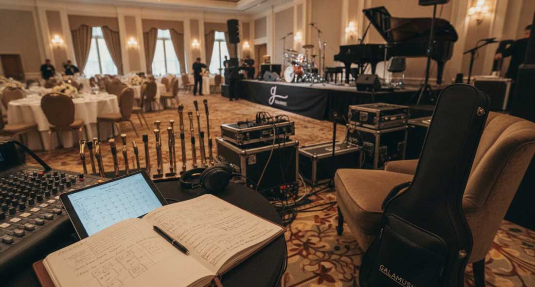 Band and Sound Equipment Ready to be Set Up for a Corporate Party